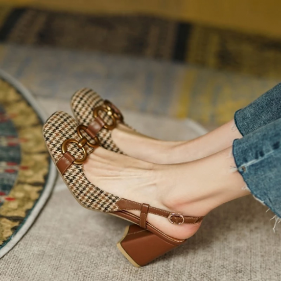 2025 Summer Women Shoes Square Toe Chunky Heel Women Sandals BuckleStrap 7cm High Heel Slingback Sandals for Women Plus Siz