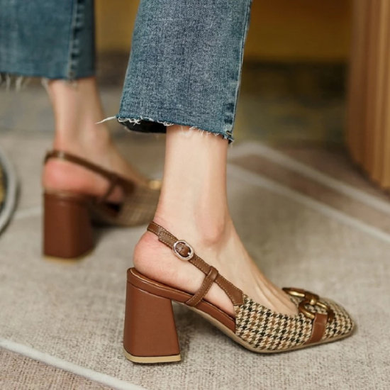 2025 Summer Women Shoes Square Toe Chunky Heel Women Sandals BuckleStrap 7cm High Heel Slingback Sandals for Women Plus Siz