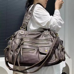 HAEX Women's Punk Biker Tote Bag Large Capacity PU Leather Crossbody Purse with Multi Pockets for Work Commute Moto Style