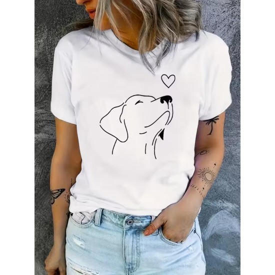 Dog Print Round Neck Sports T-shirt Short Sleeve Running Casual Tops Women's Activewear aesthetic clothes Dog Print Round Neck Sports T-shirt Short Sleeve Running Casual Tops Women's Activewear aesthetic clothes