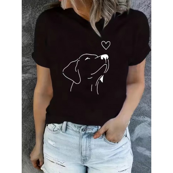 Dog Print Round Neck Sports T-shirt Short Sleeve Running Casual Tops Women's Activewear aesthetic clothes Dog Print Round Neck Sports T-shirt Short Sleeve Running Casual Tops Women's Activewear aesthetic clothes